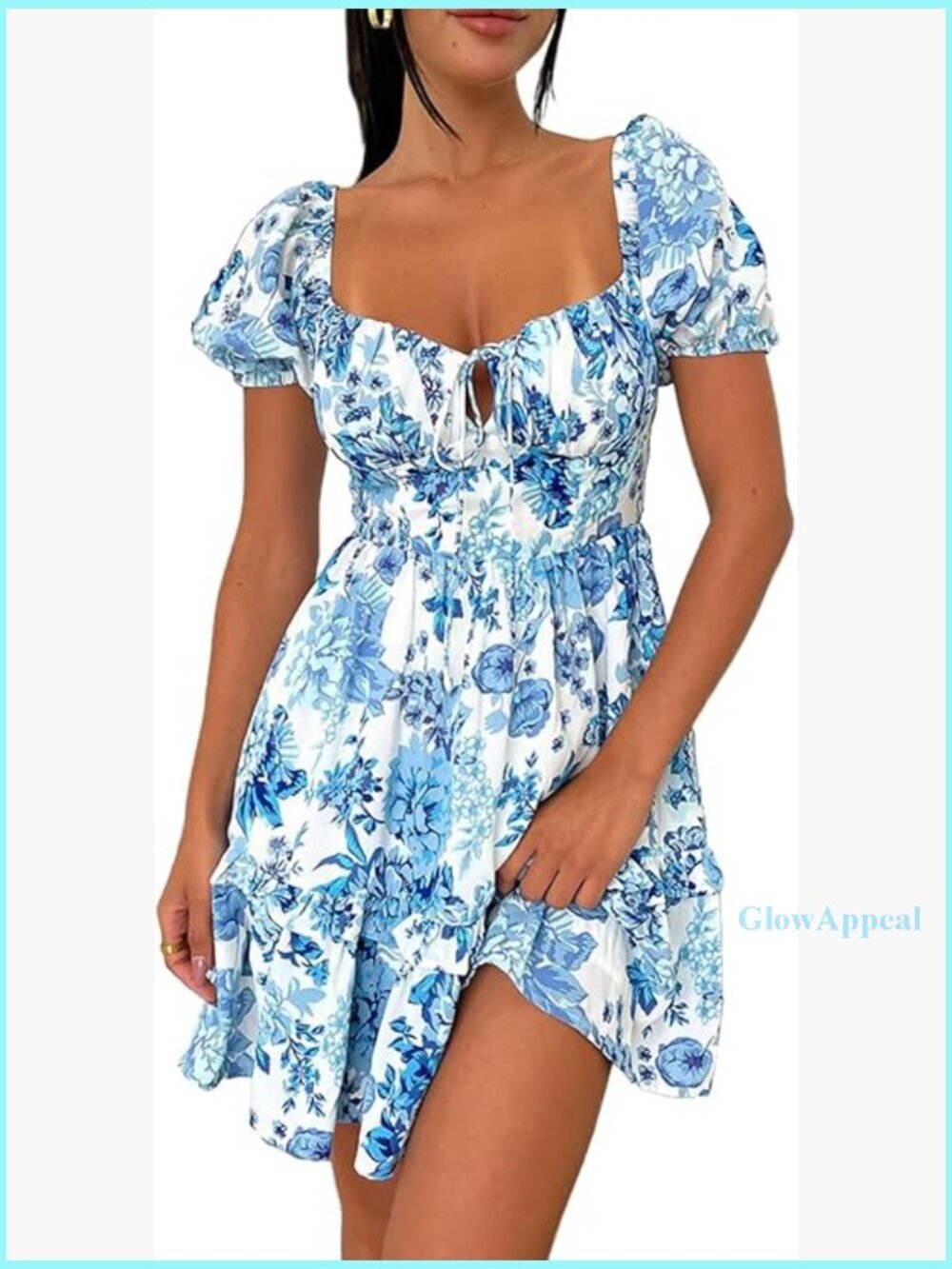 Floral Mini Dress Puff Sleeve Square Neck Tie Front Ruffle Hem Sundress